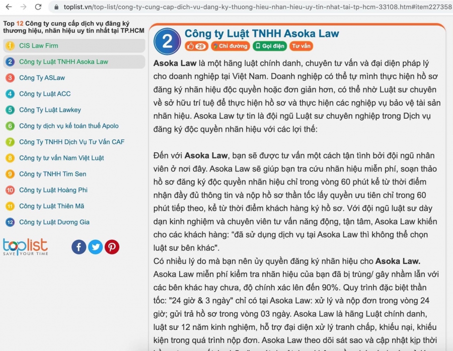 Asoka Law lọp TOP đăng ký nhãn hiệu tốt nhất TPHCM
